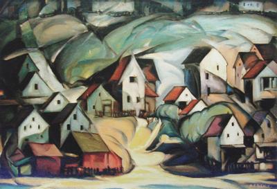 Image of painting by August F. Biehle titled Cleveland West Side, Hillside Houses